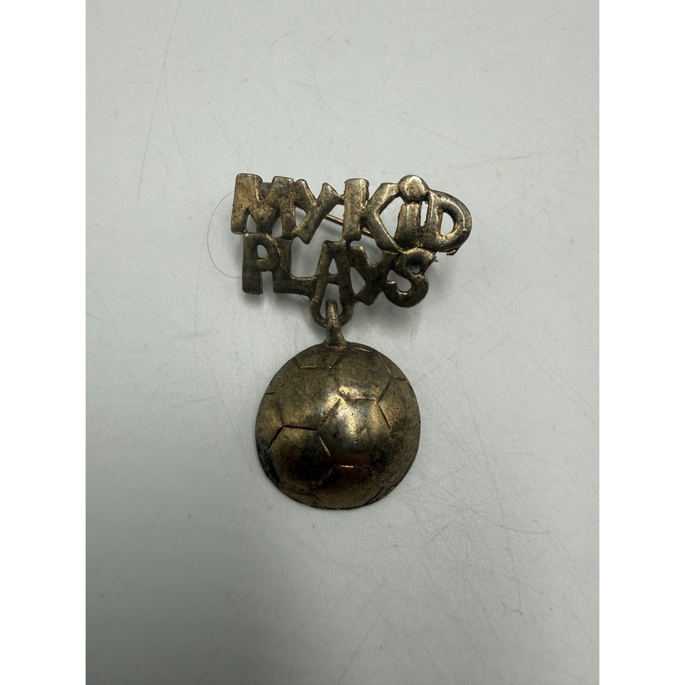 Vintage My Kid Plays Soccer Ball Dangle Brooch Pin‎ Silver Tone Sports Jewelry